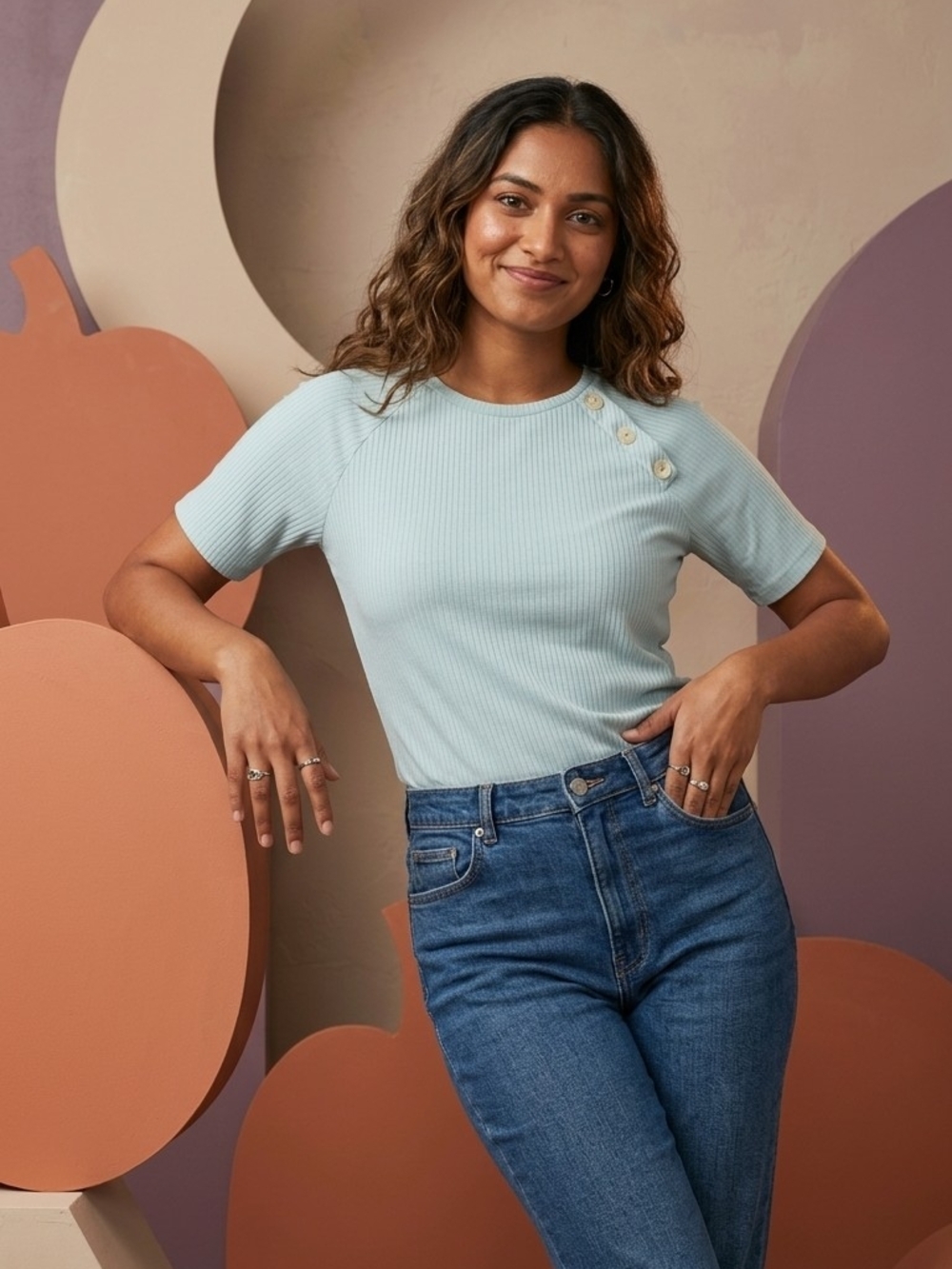 Vero Moda Ribbed Short-Sleeve Crewneck Top with Shoulder Buttons - Light Blue